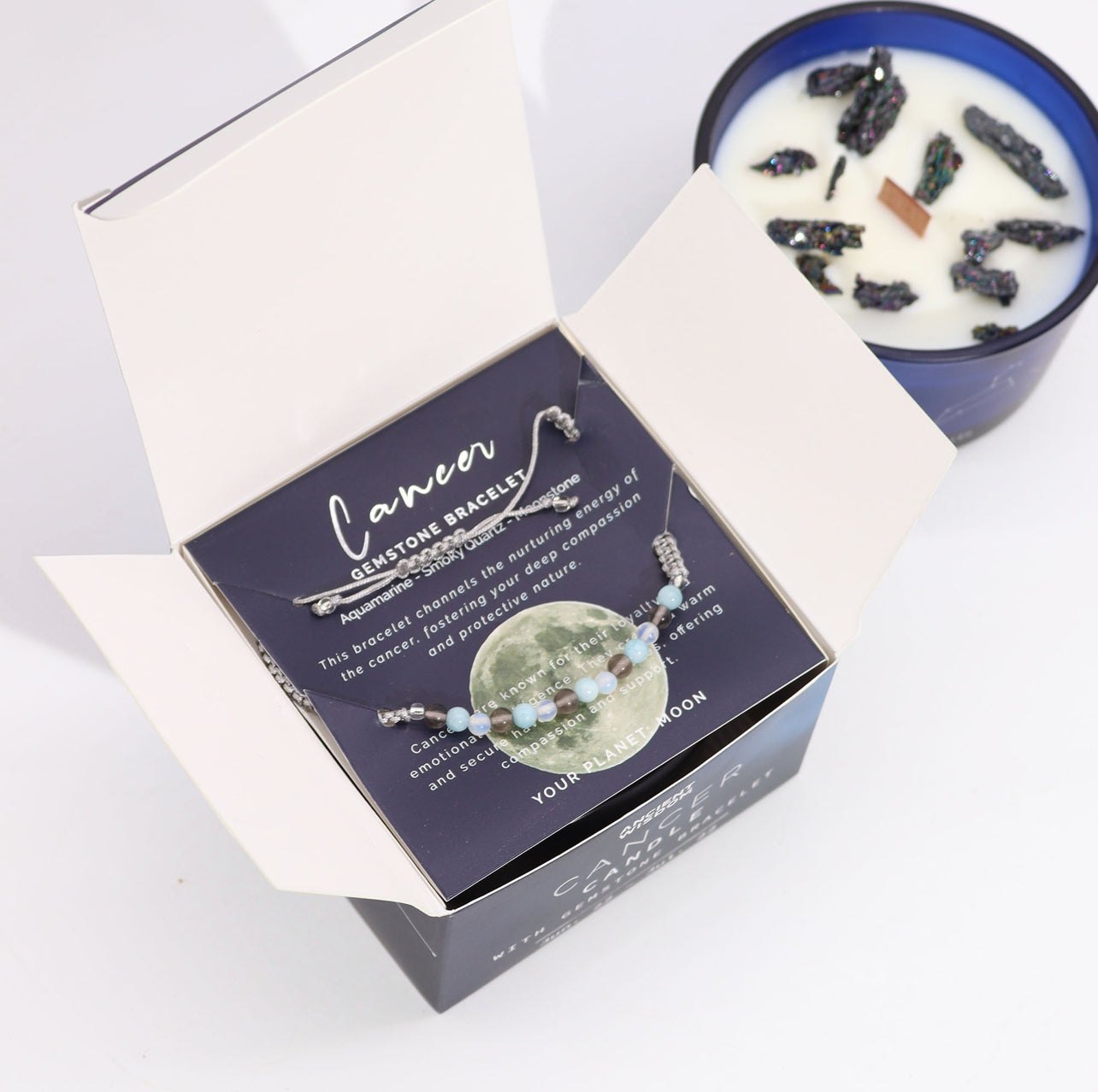 ♋ Vela de Cáncer — Aguamarina, Cuarzo ahumado y Piedra luna