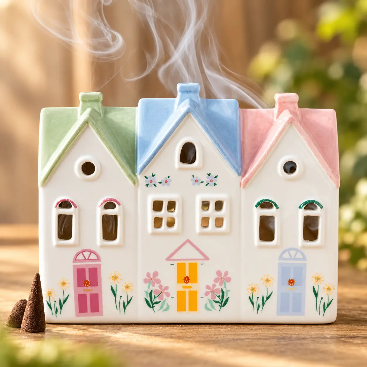 Quemador de cerámica con forma de tres casitas de tejados pastel y humo de incienso