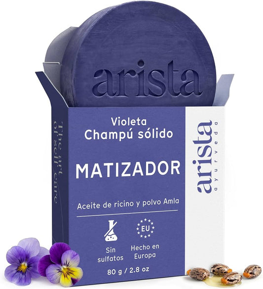 Champú sólido morado Arista Ayurveda para matizar canas y cabello rubio